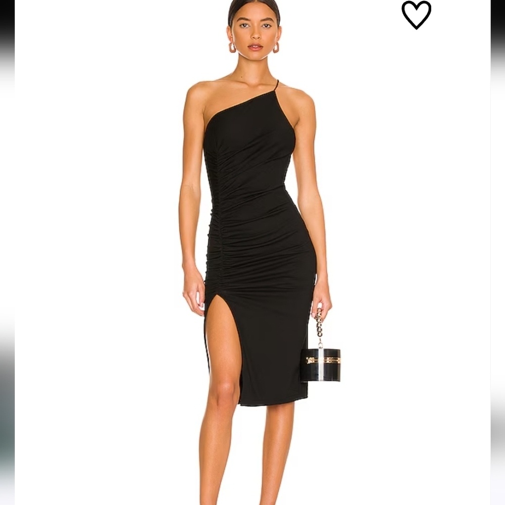 superdown One-Shoulder Black Ruched Midi Dress with Side Slit